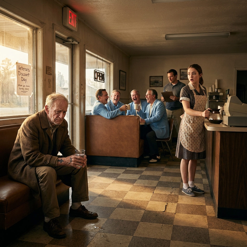 My grandfather always told me about a quiet man with a dagger tattoo who got them all home. Sunday morning at the diner, four men mocked that same tattoo and the manager sent him outside. Then a young SEAL walked in and saluted.