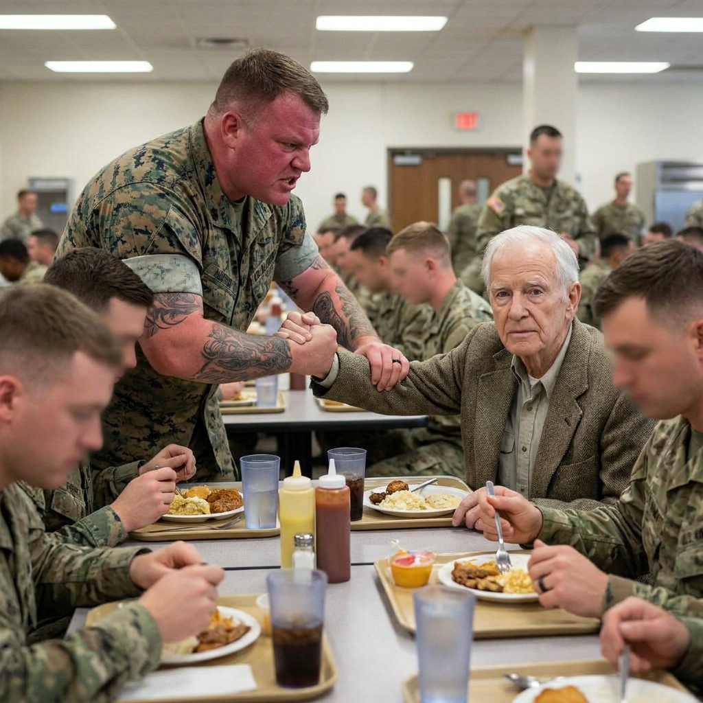 An 87-year-old veteran was being dragged out of the mess hall by an angry operator. He kept his hand perfectly still over his tarnished lapel pin.