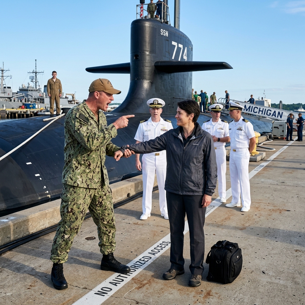 Blocked right at the submarine’s pier, I was called a “lost tourist” in front of the entire duty crew – then two bells rang, signaling the arrival of superiors. The commanding officer’s face turned pale.