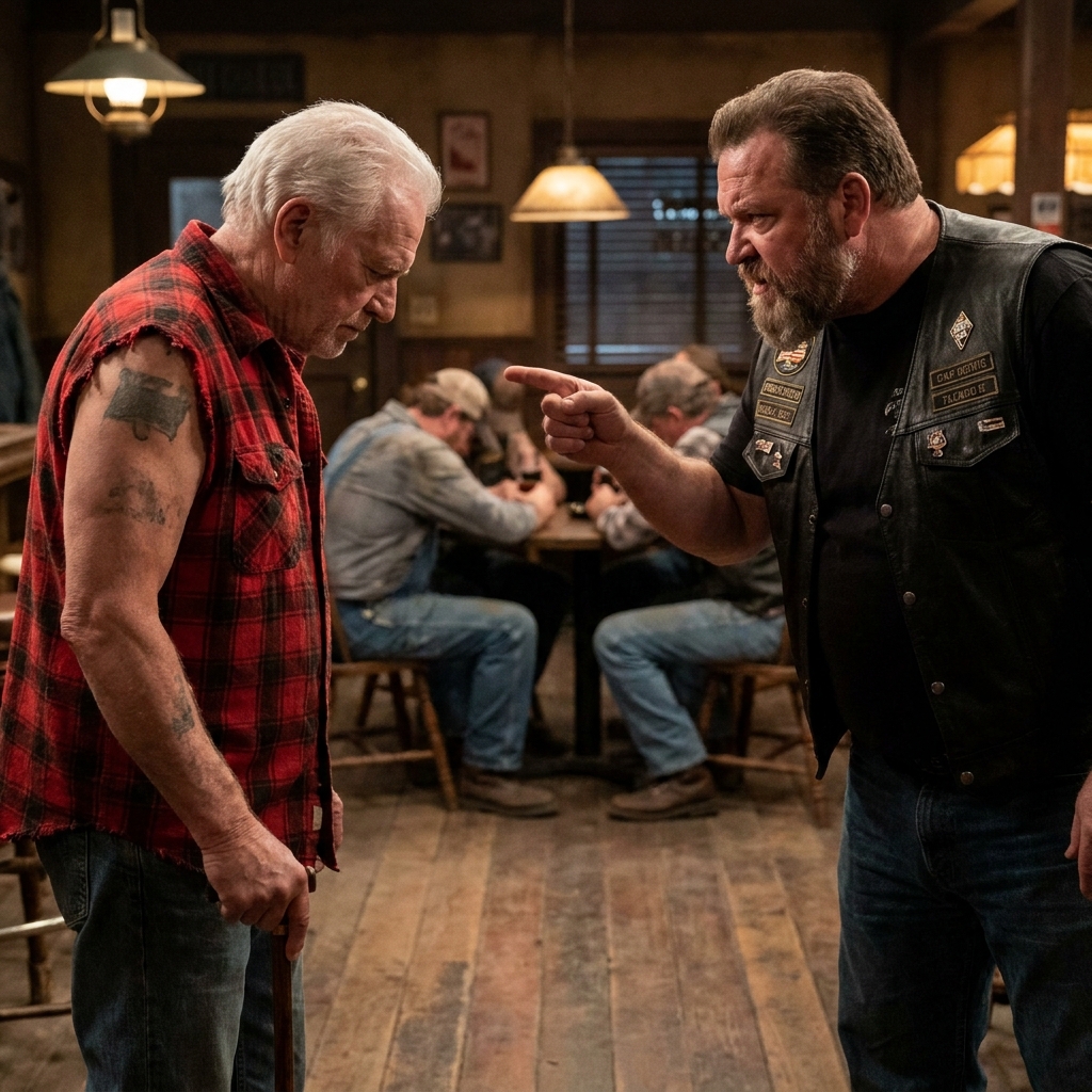 An arrogant biker mocked a 78-year-old’s cane and tore his shirt in a local dive, completely unaware of the sacred ink hidden beneath the fabric.