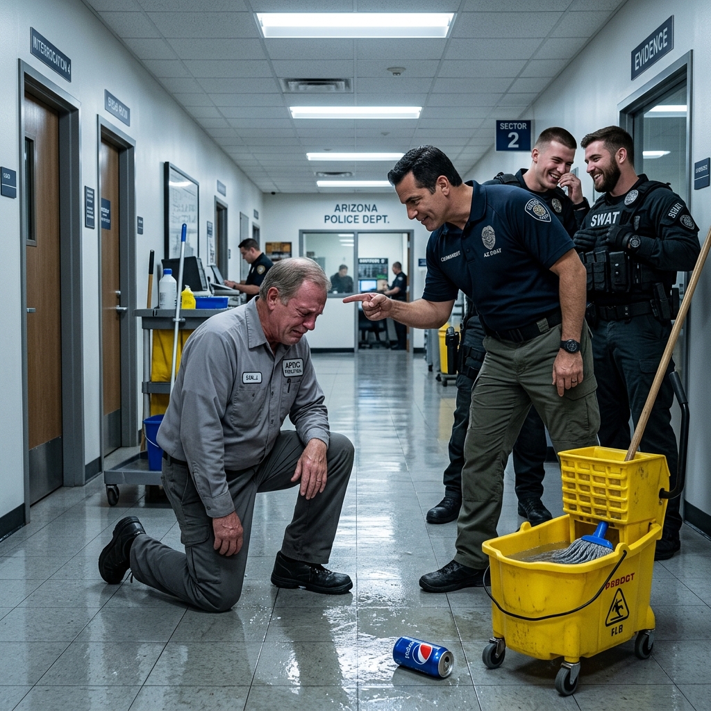 HE HUMILIATED THE JANITOR IN FRONT OF THE ENTIRE POLICE STATION, CALLING HIM A “WASHED-UP NOBODY”