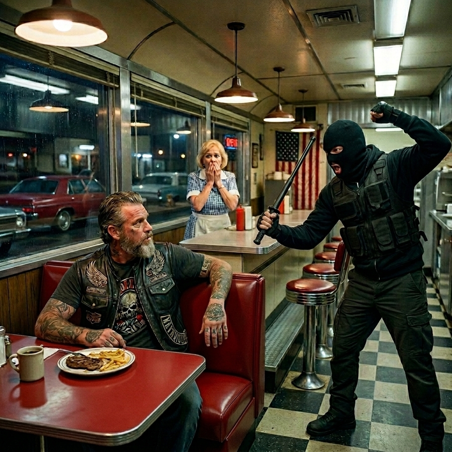 Two Masked Gunmen Stormed My Diner — But The Four Bikers in the Corner Didn’t Even Put Down Their Forks