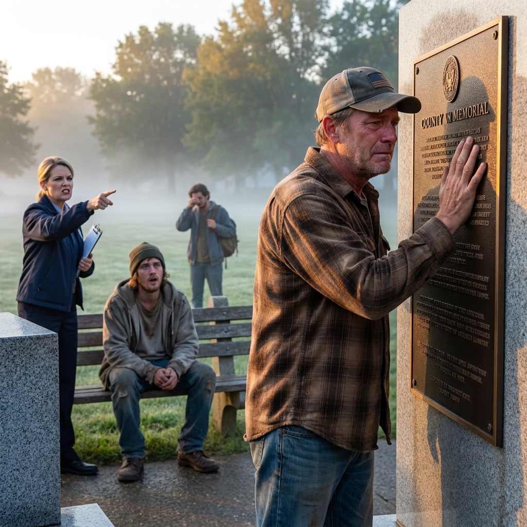 The Quiet  Vet in the Faded Ball Cap Held a Zippo Lighter at the War Memorial — When the HOA President Slapped Papers Into His Hand, the Homeless Man on the Bench Whispered One Word That Made Her Step Back.