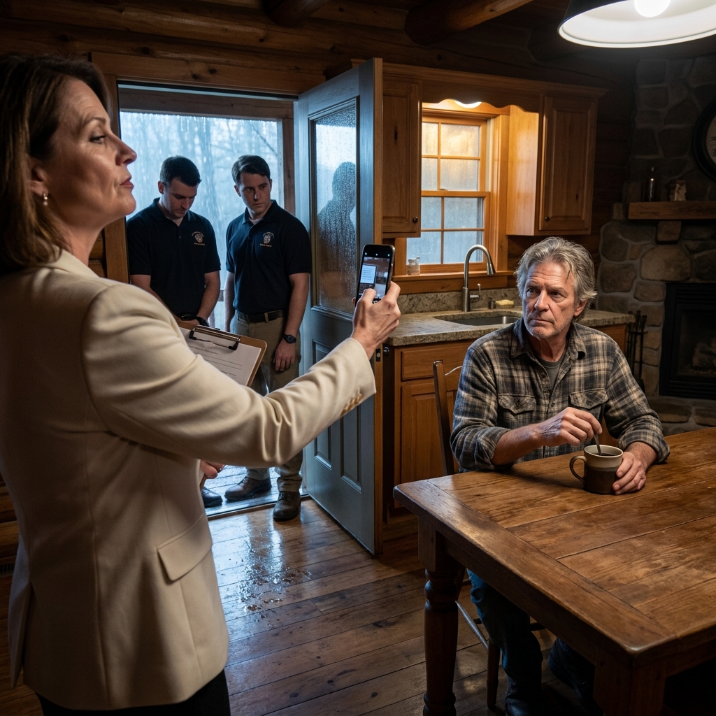 My front door exploded open at 6 a.m. while I sat drinking coffee in my dead father’s cabin. Patricia Holloway marched in with a livestream camera and announced an emergency inspection — until she reached my office door and saw the badge clipped to my jacket. She froze. So did her whole crew.