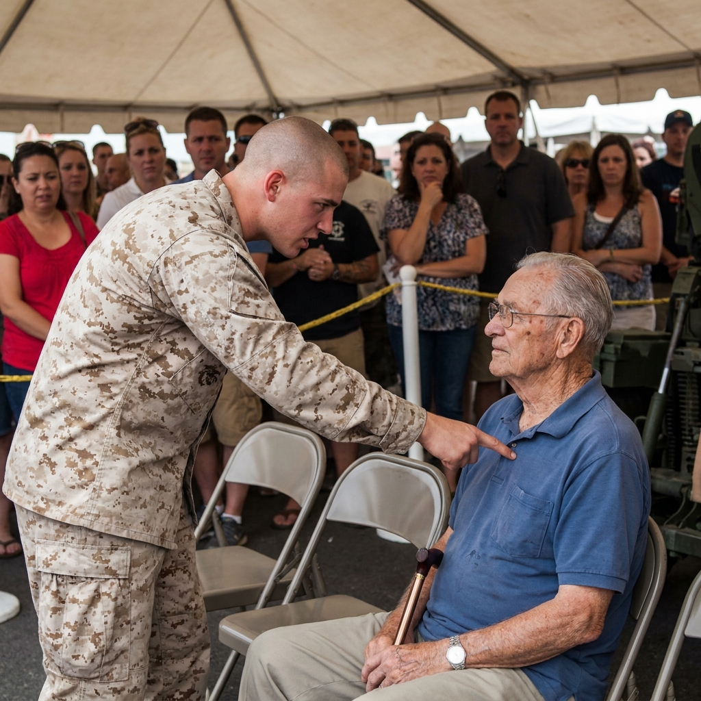 A 21-year-old corporal ordered me removed from the military tent, calling my tarnished pin an oatmeal prize. Then the massive police convoy screeched to a halt outside.