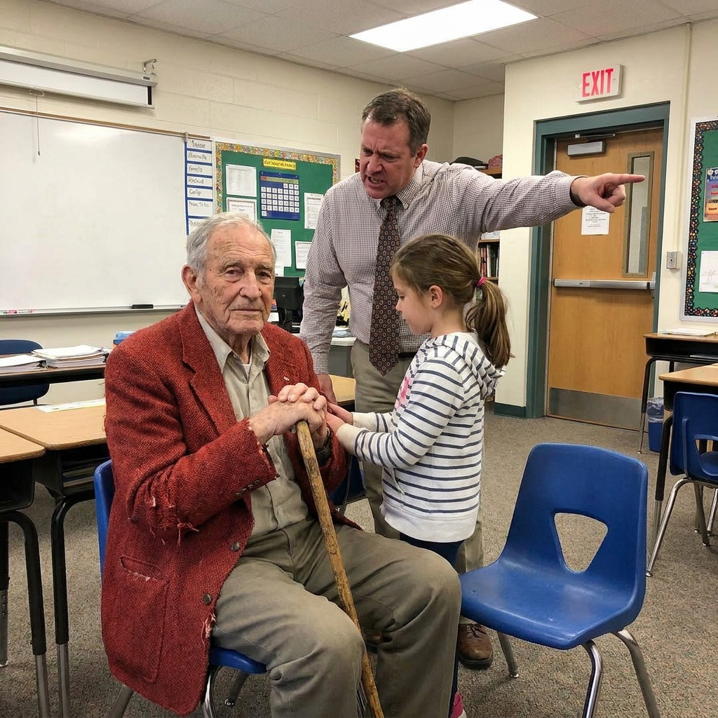 The 4th-grade teacher ordered the 82-year-old man out of his granddaughter’s classroom for “lying.” He just kept his hand on his blackened lapel pin.