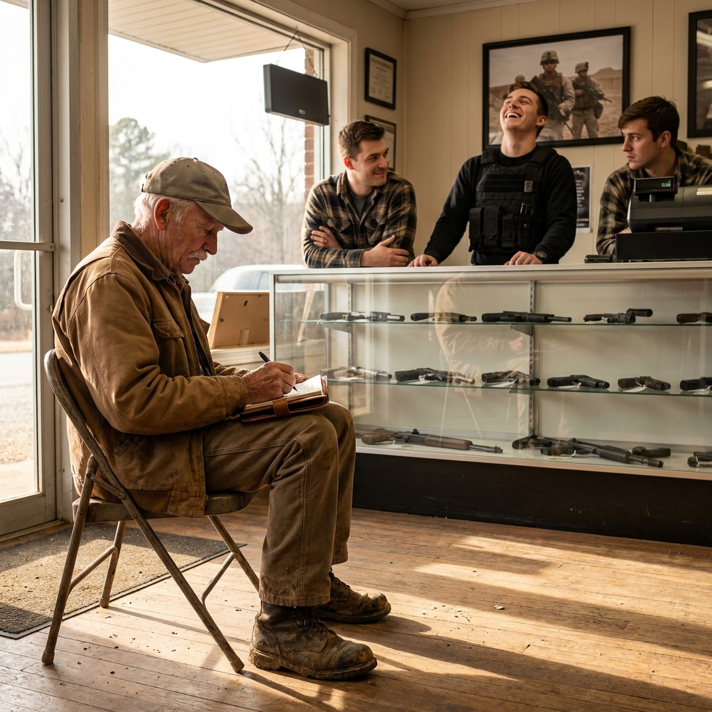 Three young employees laughed at a 72-year-old man and told him to get a medical alert button instead of a gun. Then the owner walked in, saw who was sitting there, and the laughter stopped forever.