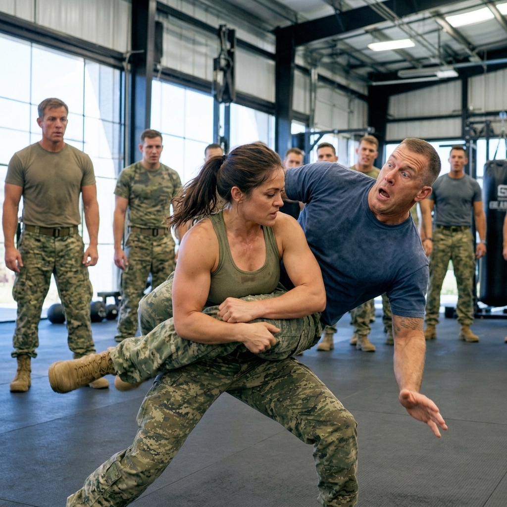 BLOOD COATED HER TEETH AS THE INSTRUCTOR PRESSED A BLADE TO HER THROAT AND TOLD HER TO QUIT — THEN SHE DISARMED HIM IN 3 SECONDS FLAT. WHAT THE CAPTAIN SAW FROM THE DOORWAY CHANGED EVERYTHING.