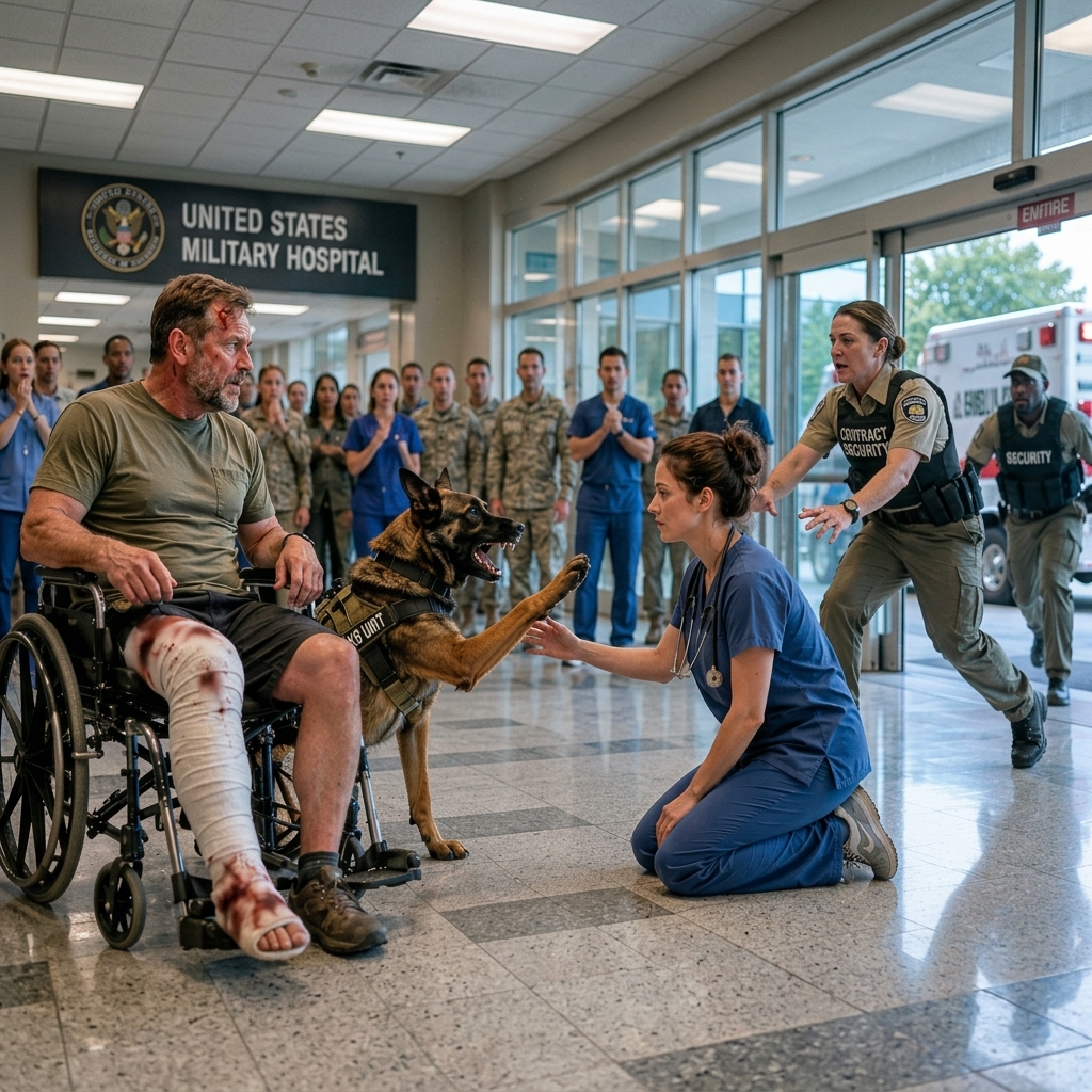 My Dog Was About to Tear a Security Guard Apart in the ER — Then an Exhausted Nurse Knelt Down and Spoke One Word. The Room Went Completely Silent.