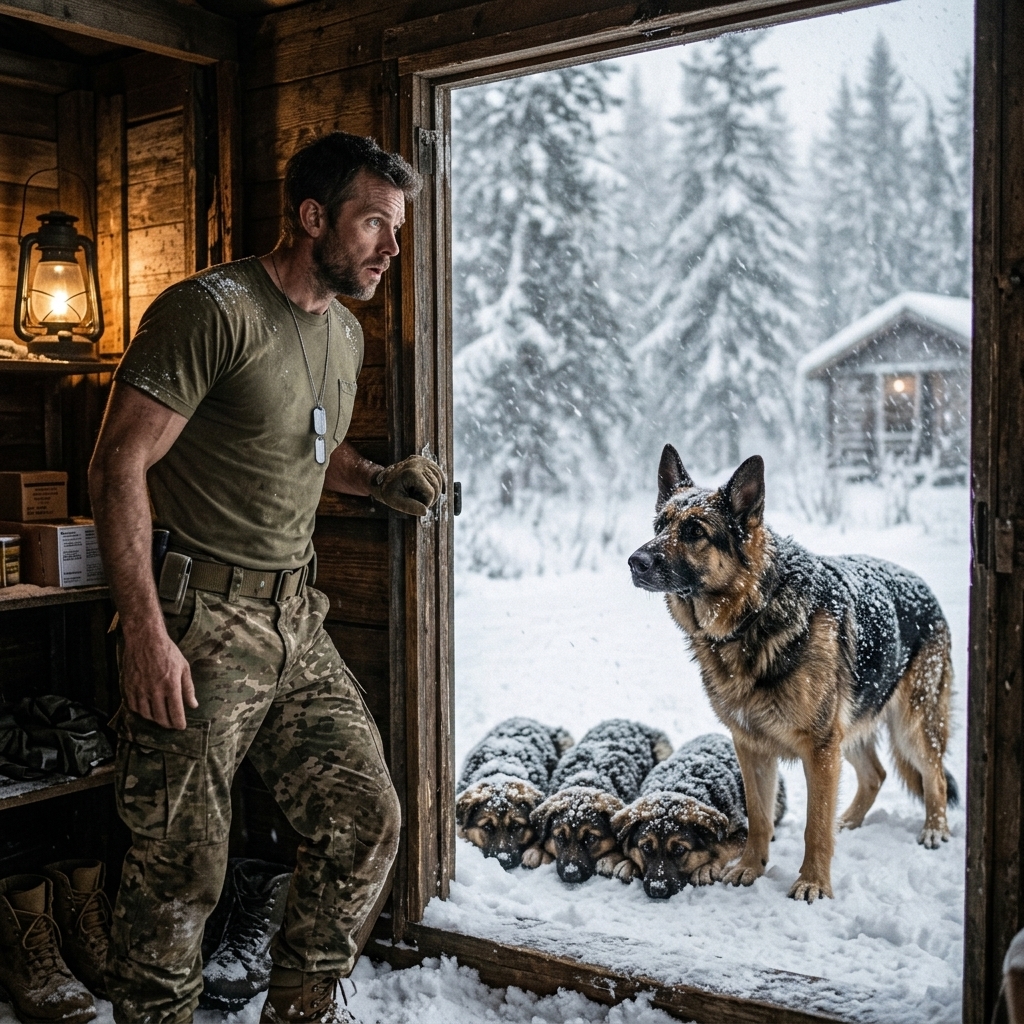 A frozen German Shepherd scratched at a Navy SEAL’s door with a dead man’s coin in her mouth. Inside her collar, hidden — three cries below the cliff. He opened the door.
