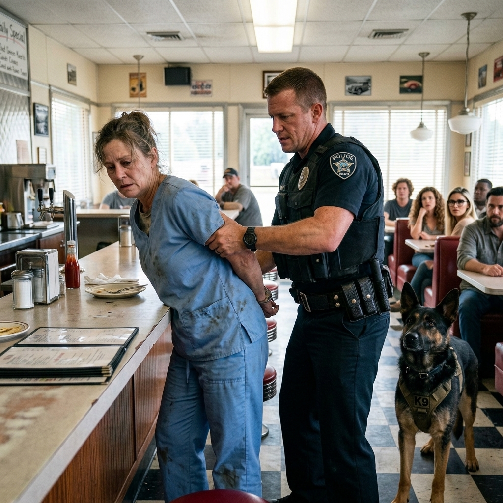 A cop handcuffed me in my hospital lobby in front of 30 patients, calling me a disruption — then a retired sergeant saw my dog’s alert and shouted four words that made the officer’s face go pale.