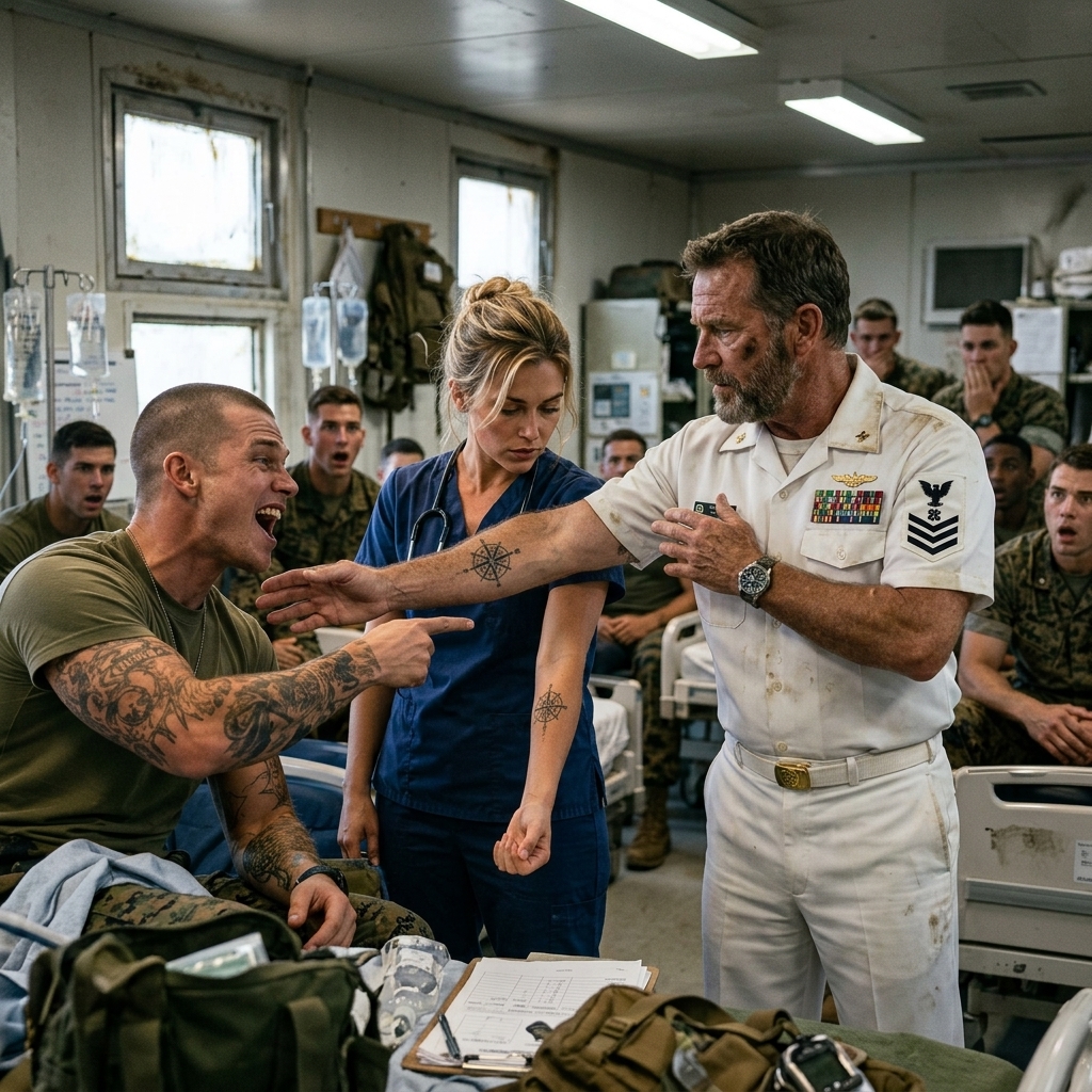 Navy SEALs Mocked A Nurse For Her Faded Tattoo And Called It “Stolen Valor” — But When The Fleet Admiral Walked In, He Froze, Rolled Up His Sleeve, And Showed An Identical Matching Scar.
