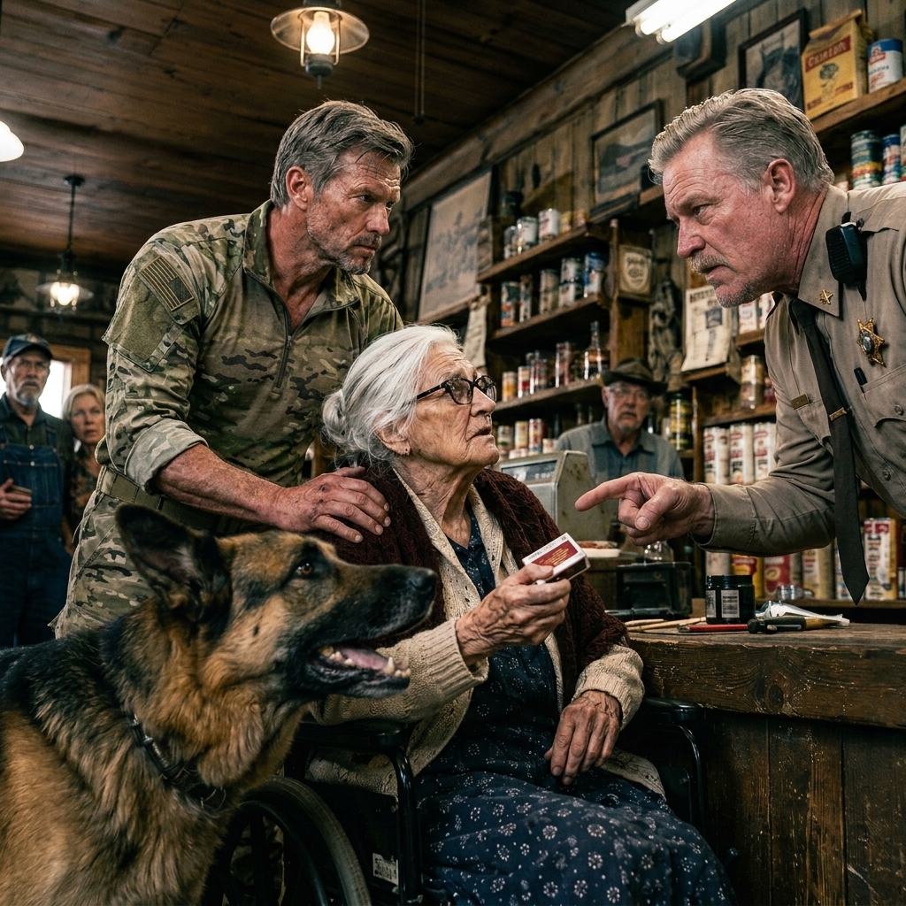 A blind widow was publicly humiliated and accused of theft over a 69-cent matchbox — when I stepped forward to defend her, the deputy turned on me. What my military-trained dog did next left the entire store in stunned silence.
