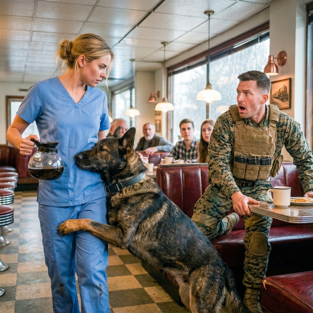 MY CUSTOMER YELLED AT ME IN FRONT OF THE WHOLE DINER — THEN HIS COMBAT DOG HID BEHIND MY LEGS