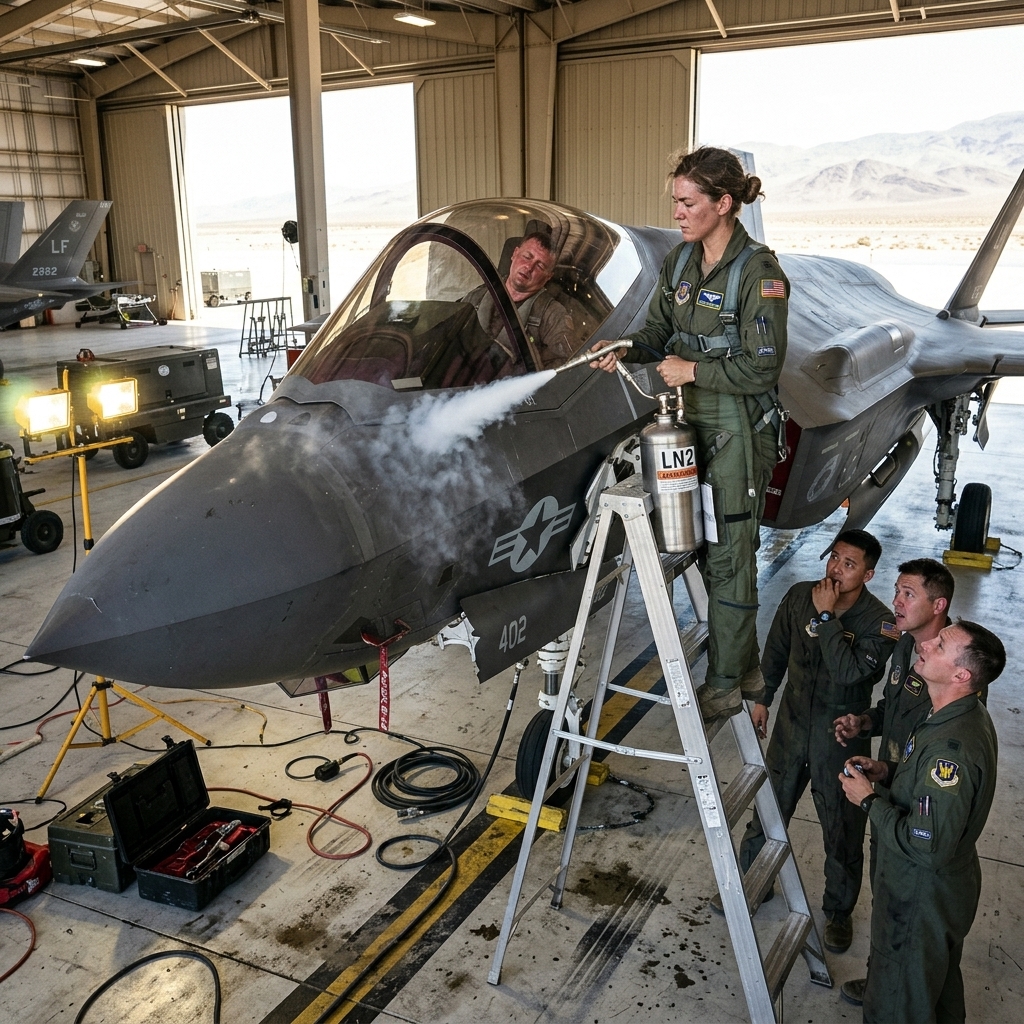 A massive SWING of a heavy wrench against SUPERCOOLED titanium—four elite COMMANDERS completely PANICKED while a pilot BAKED ALIVE.