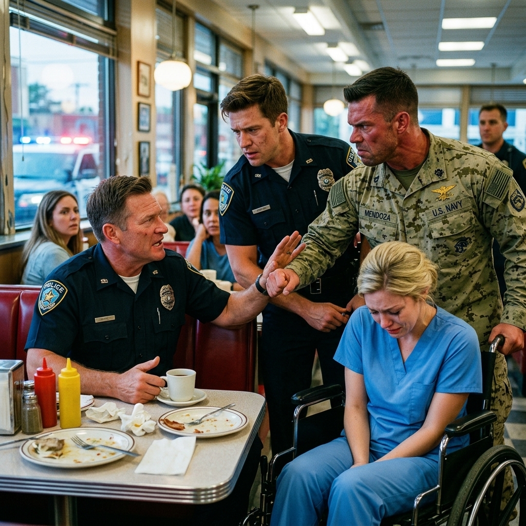 The officer threw me into a diner table while I was keeping a retired general alive. I placed a green folder on the investigator’s desk and she said, “Close the doors.”