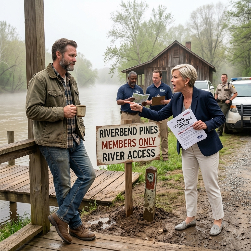I bought a cabin by the river — the HOA tried billing me $18k for land outside their zone, but they didn’t know my past.