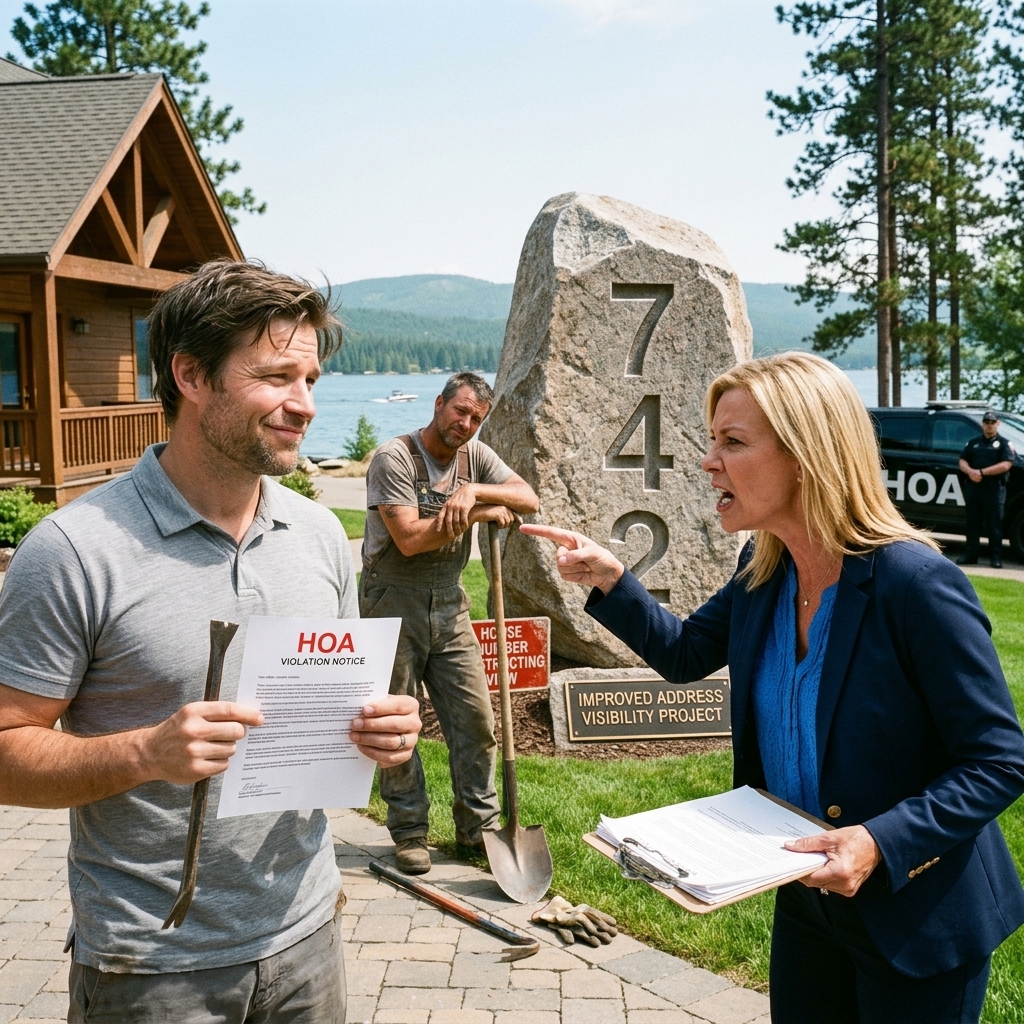 My HOA president fined me five hundred dollars because my shiny house numbers ruined her spiritual view, so I used a legal loophole to drop a massive five ton boulder in my front yard.