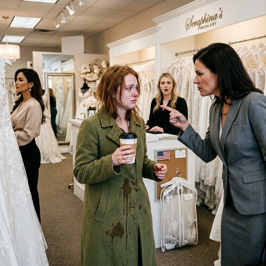 She Threw Coffee on Me for Touching a Wedding Dress While Wearing My Old Coat— But the Card in My Pocket Made Them Silent