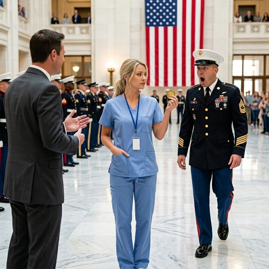 She Arrived In Scrubs To Her Brother’s Graduation And Was Prevented To Go Inside— Until A Usmc Commander Saw The Coin In Her Pocket And Froze