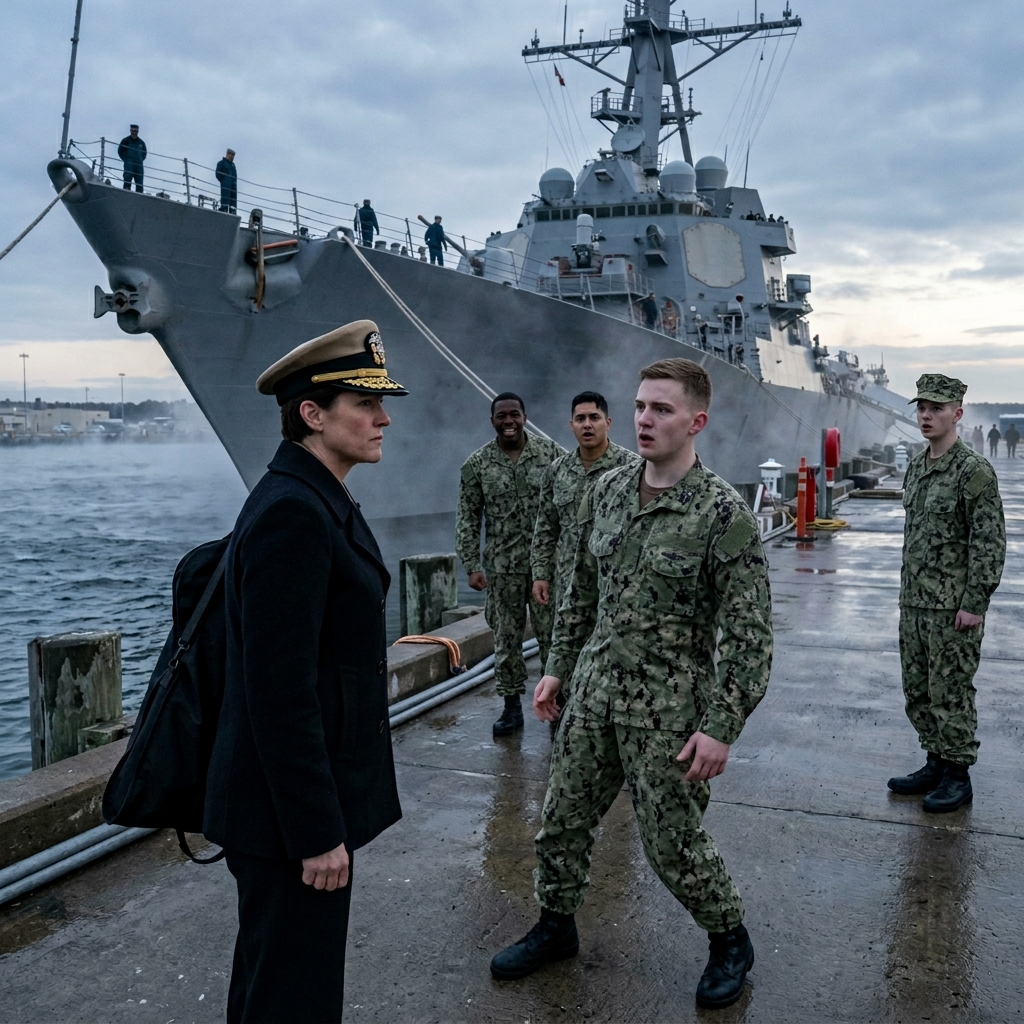 He Humiliated Me in Front of His Shipmates and Nearly Sent Me Into the Harbor—Then I Reached Into My Coat and the Gold on My Visor Caught the Light. The Grin Fell Off His Face Like a Faucet Shutting Off.