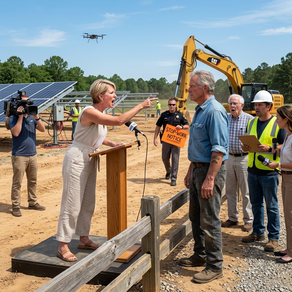 SHE POINTED AT ME IN FRONT OF TV CAMERAS AND SAID “SOME PEOPLE FEAR CHANGE” — MINUTES LATER, A SHERIFF TAPED A STOP-WORK ORDER TO HER EXCAVATOR — WHO REALLY OWNED THE LAND?