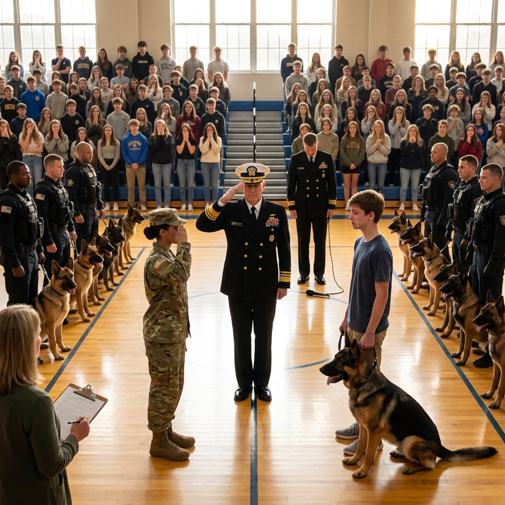 My mother was a Navy SEAL and a lieutenant called me a liar in front of two hundred students while everyone laughed. Then the rear doors opened and fifty military working dogs walked in.