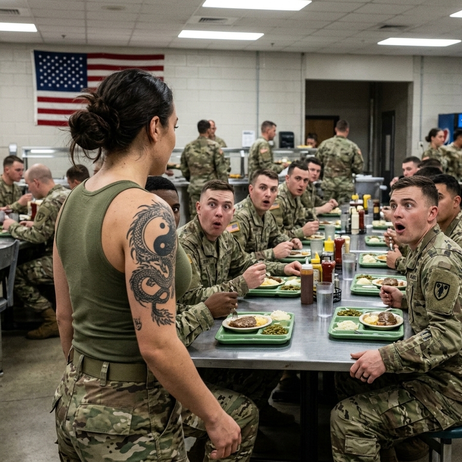 My Sergeant Humiliated a ‘Tourist’ in the Mess Hall — Then She Lifted Her Shirt and We All Saw the Dragon