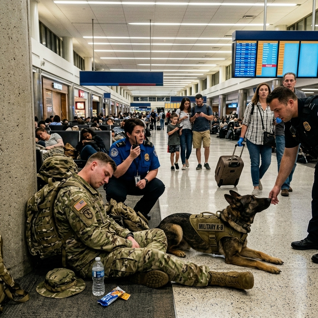 “Inside a Massive Busy American International Airport Terminal Where Thousands of Travelers Were Quietly Waiting for Their Flights in the Middle of the Night Under Bright Artificial Lights and Endless Announcements, a Seemingly Ordinary Scene of a Exhausted U.S. Soldier Sleeping on the Cold Floor Beside His Highly Trained Military K-9 Dog Slowly Turned Into a Full Security Emergency When Airport Authorities Realized That the Dog Was Not Simply Showing Loyalty to His Handler, But Was Actively Detecting and Blocking a Hidden Threat Moving Unnoticed Through the Entire Terminal