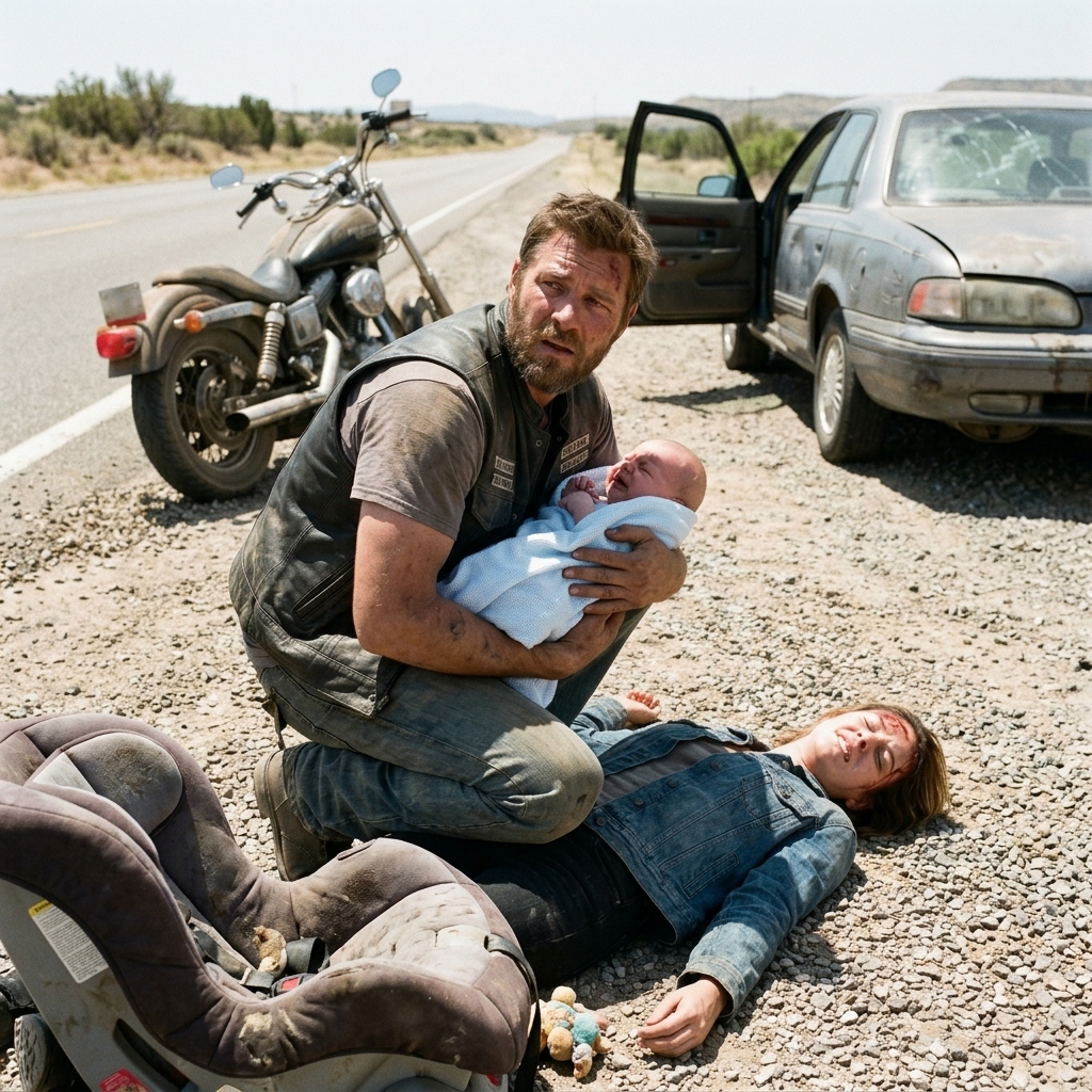 “Gravel Sprayed Under Screeching Tires, the Air Shimmered from the Blistering Heat, a Child’s Desperate Plea Cut Through the Silence, and the Man Who Had Always Ridden Alone Found Himself Struggling to Save a Baby from the Edge of Death While Confronting a Woman He Once Knew, Unconscious and Bleeding, Forcing a Past That Had Lingered in Shadows to Explode Into the Light Part 1 — The Cry That Shattered the Silence”