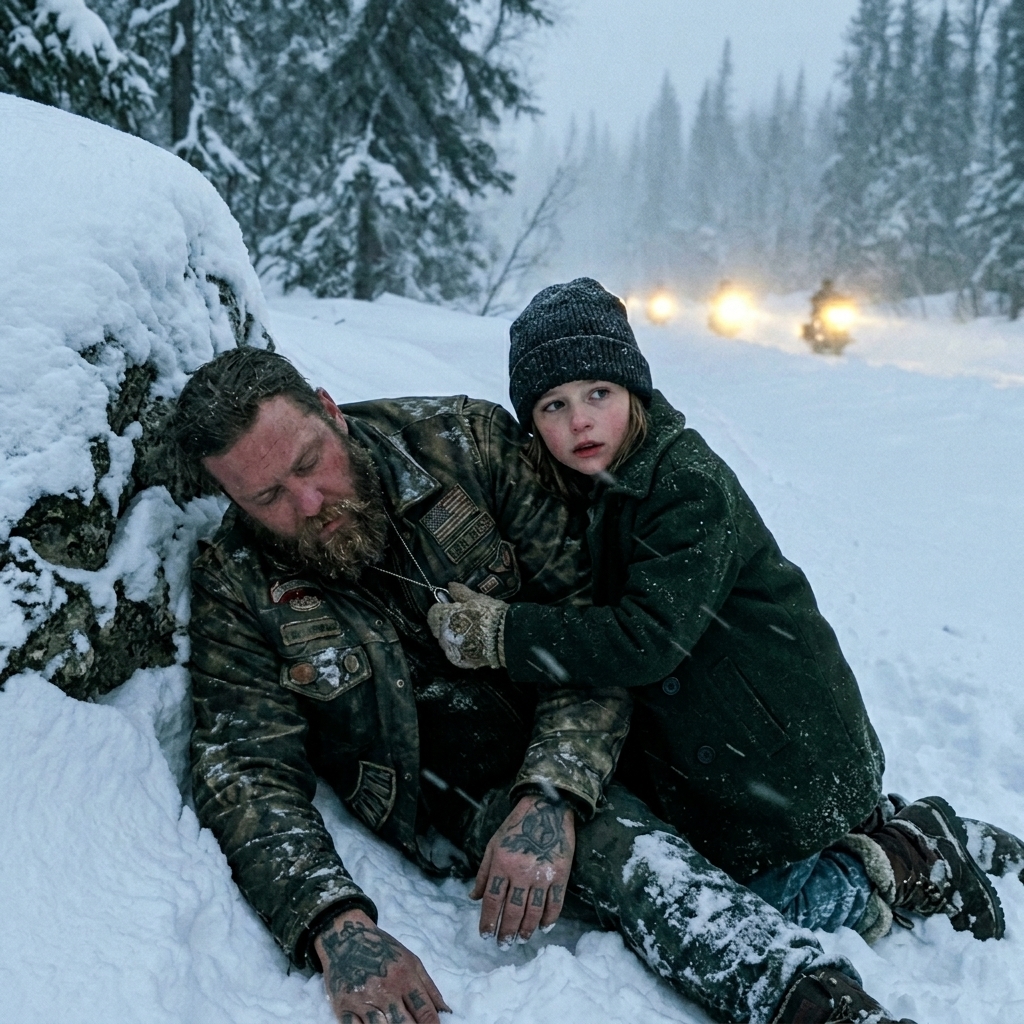 A 10-Year-Old Runaway Who Was Supposed to Keep Walking Alone Through a Relentless Blizzard, But Stumbled Upon a Gravely Injured, Massive Biker Half-Buried in the Snow, And Over Two Days of Dragging, Falling, Shivering, and Holding Him Close to Share Her Body Heat, She Discovered a Heartbreaking Truth About His Lost Daughter, Faced Life-Threatening Danger Herself, And Then Heard the Roar of 50 Motorcycles Approaching, Leading to a Revelation That Would Change Everything She Thought She Knew About Survival, Hope, and the Fragile Bonds That Connect Strangers in the Most Impossible Circumstances