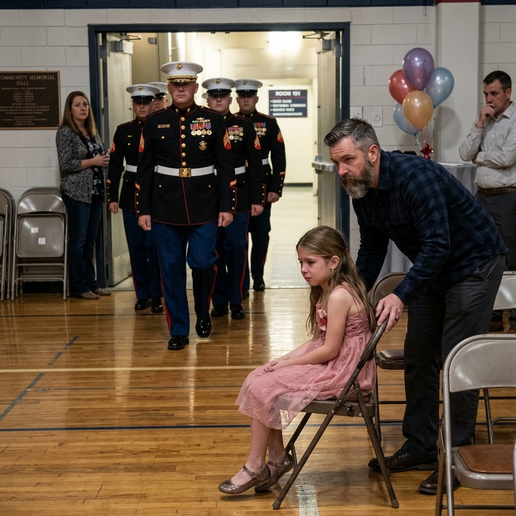 My Daughter Was Humiliated at the Father-Daughter Dance, Sitting Alone and Heartbroken While Other Kids Danced With Their Dads — Until the Gym Doors Exploded Open and a Dozen Marines, Led by a High-Ranking General, Walked In, Stopping Everything, Making Her the Center of Attention, and Transforming a Night of Shame Into a Moment of Unforgettable Honor, Love, and Courage That Nobody in That Elementary School Gym Would Ever Forget