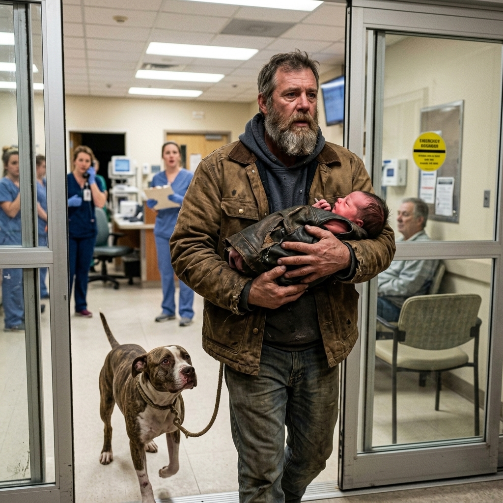 WHOLE STORY:  The moment the scarred biker laid a nearly frozen newborn on the hospital bed, the security guards tried to throw out the mangy dog limping behind him — but the dog’s desperate howl stopped everyone cold, forcing doctors to uncover a secret hidden in the snow.