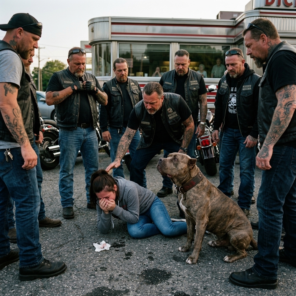 WHOLE STORY:  When 47 tattooed bikers surrounded a terrified teenage girl in a diner parking lot while a scarred 140-pound pitbull walked straight toward her, everyone inside screamed for the police