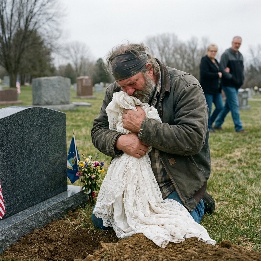 WHOLE STORY: I was the Gray-Bearded Biker the whole town whispered about that morning — the moment I sat down in front of Hannah’s grave holding her wedding dress, the world went silent.