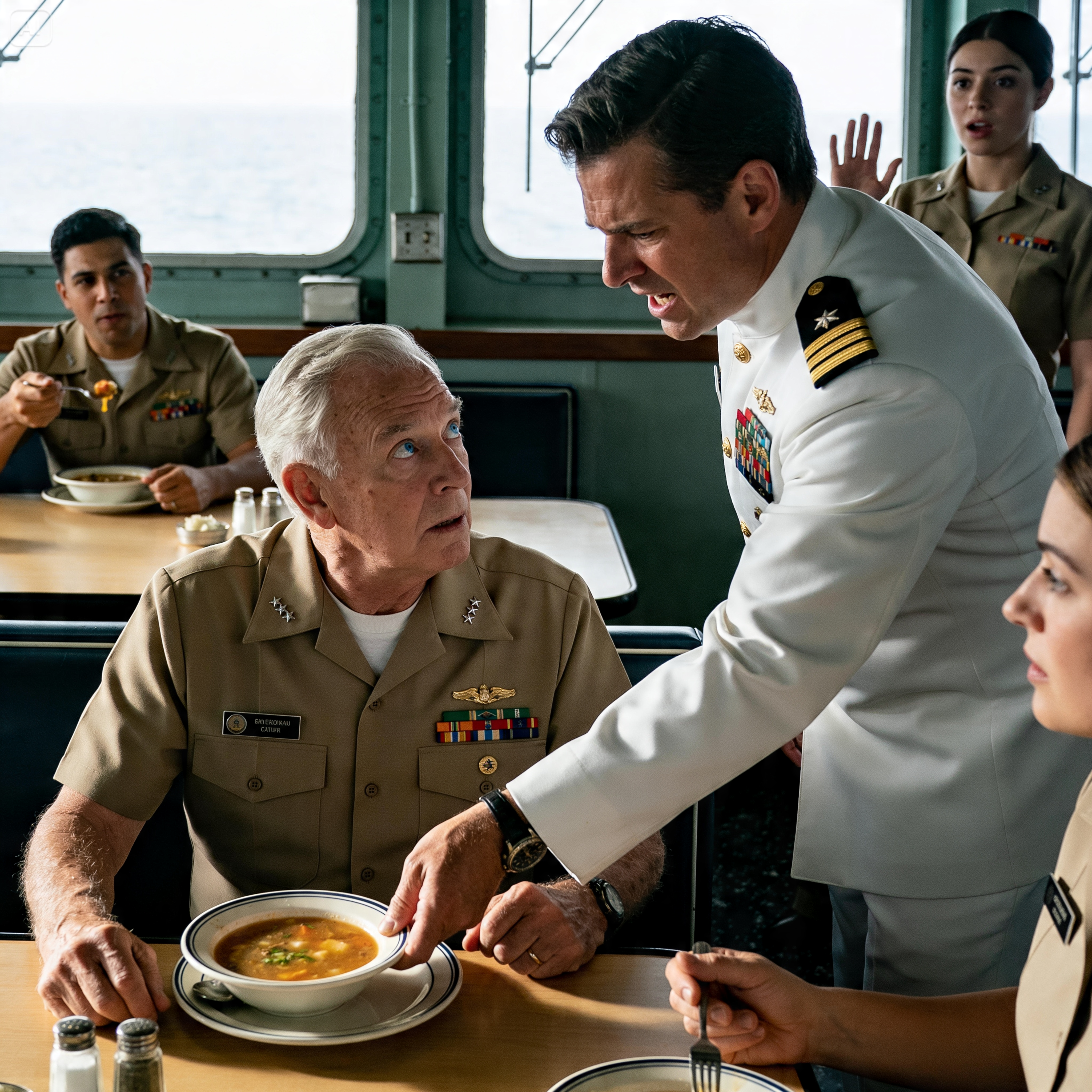 An admiral confiscated my soup in the Navy dining hall while I was eating alone. When he demanded my ID, the code on my card made him freeze — and then a four-star general walked in and said he was the one who should be asking me questions.