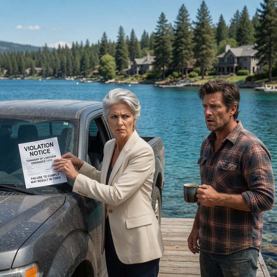 She put a violation notice on my windshield and said, “You’ll pay $500 a month to access your own lake.” I almost choked — until I remembered the 1887 deed in my jacket that made me legally untouchable. What she did next at the emergency meeting still has the whole county talking.