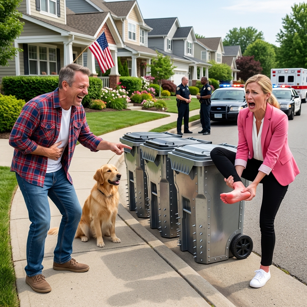 The HOA Karen Thought Tipping Over My Trash Bin Was Funny — Until Her Foot Found a Hidden Surprise