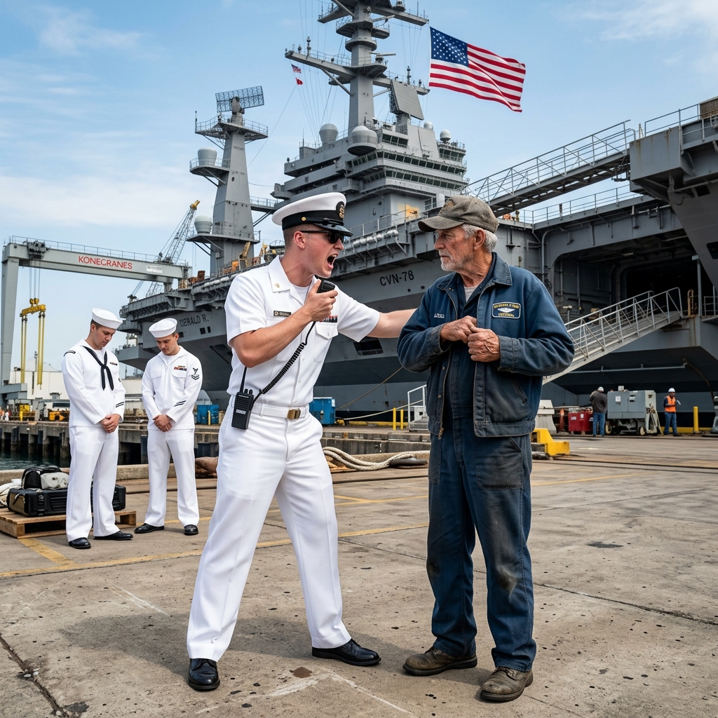 An arrogant young Petty Officer humiliated an elderly civilian dock janitor on the crowded deck of the USS Callahan during Fleet Week — completely missing the faded military ID hidden inside the old man’s weathered work jacket. What happens next?