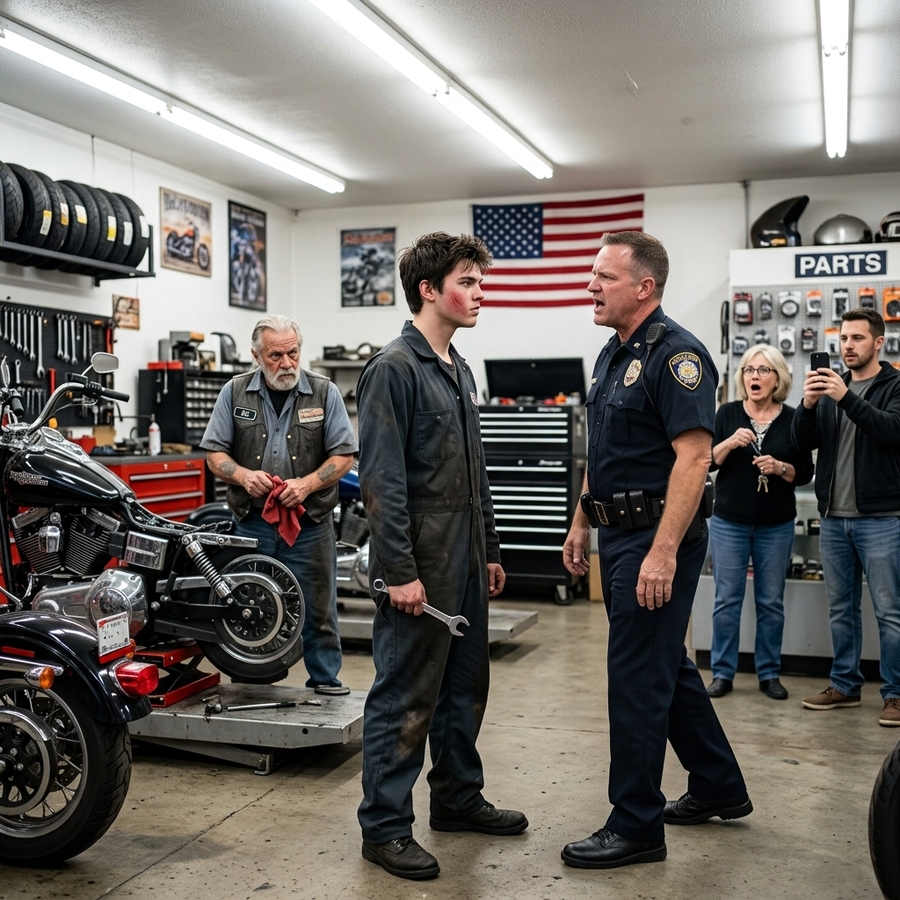 Cop Slapped a Teen on His First Day As A Mechanic — They Had No Idea His Biker Dad Owned the Place And Led The Hells Angels