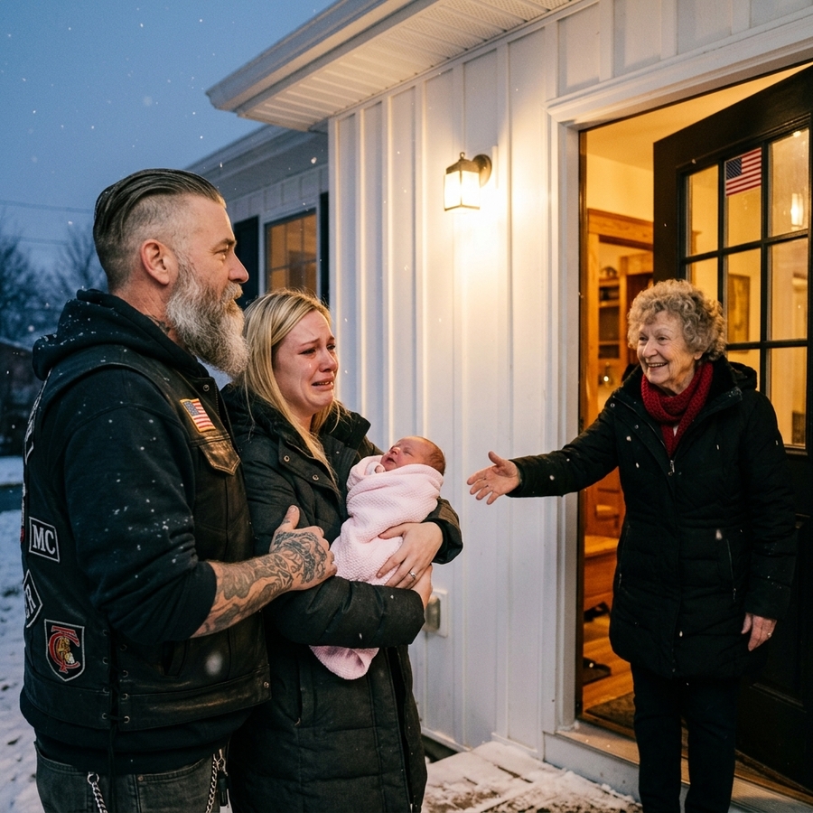 Biker Couple Carrying A Freezing Baby Were Denied Shelter The Whole Night — Until An Old Widow Opened The Door And Welcomed The Hells Angels
