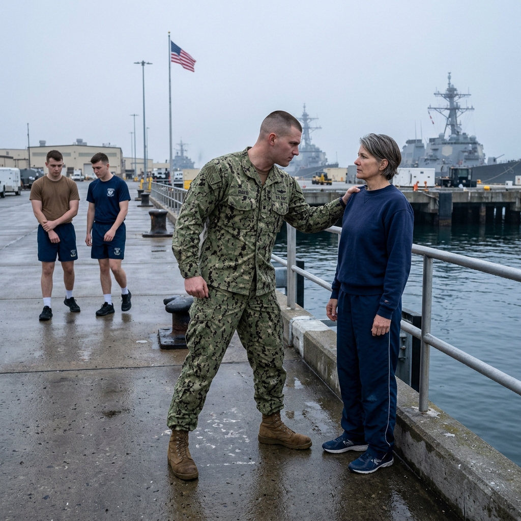The arrogant young SEAL shoved a 52-year-old woman off the restricted morning training pier into 47-degree water — without realizing the worn ID card in her running jacket belonged to his 3-star commanding officer. How did she make him pay?