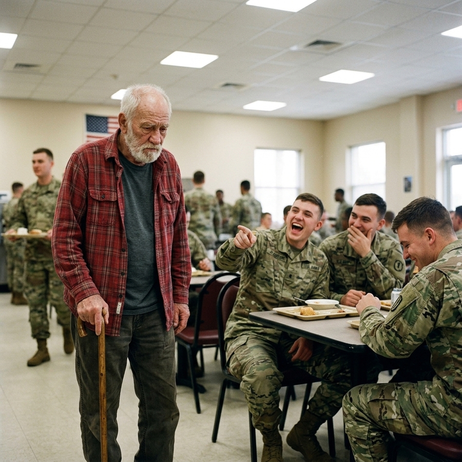 They Joked The Old Man Missed The Retirement Home — Then He Took Off His Cap And The Whole Chow Hall Went Silent