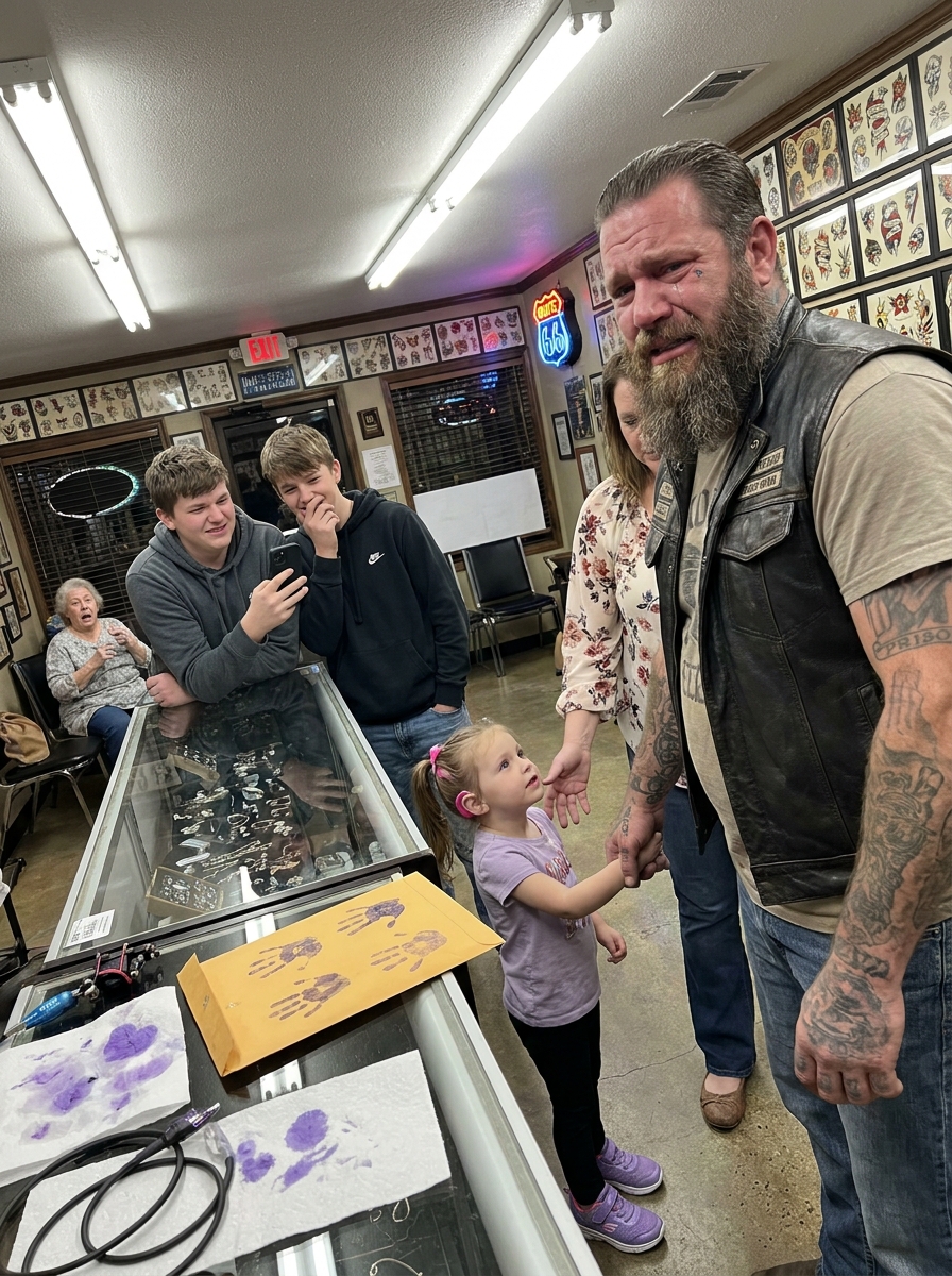WHOLE STORY: Everyone saw a giant biker tattooing his daughter’s purple handprint over a grainy ultrasound on his chest