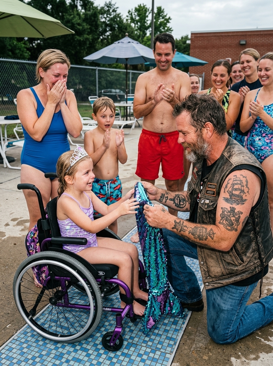 WHOLE STORY: He walked into a packed public pool with a glittering mermaid tail, while 300 pounds of leather and tattoos