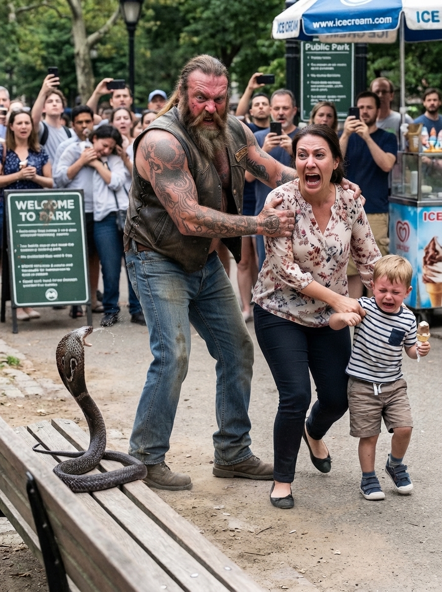 WHOLE STORY: A BEARDED BIKER DESTROYED the park bench where my six-year-old son was about to sit.