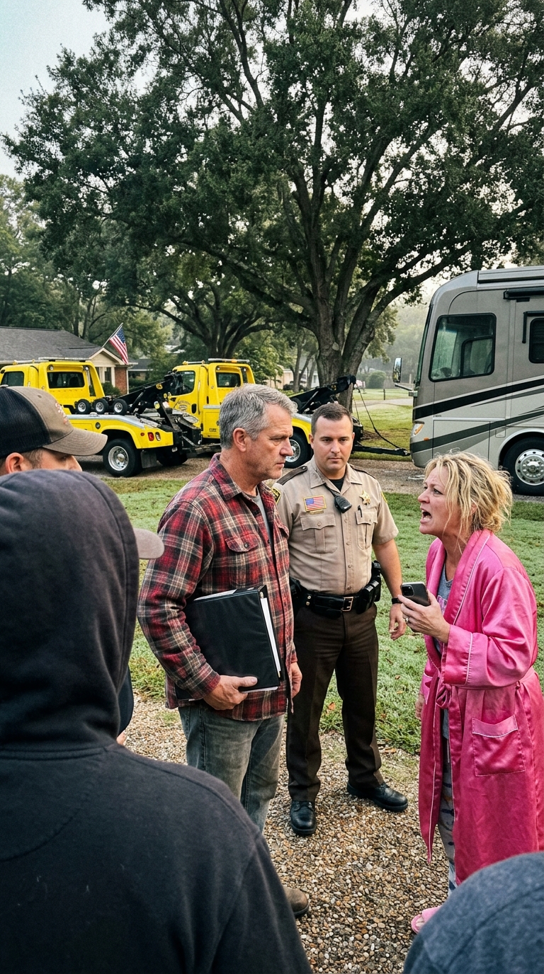 WHOLE STORY: “You CAN’T take my RV!” — That’s what HOA Karen Holloway screamed at 6 AM as three tow trucks dragged her $300,000 motor home off my property.