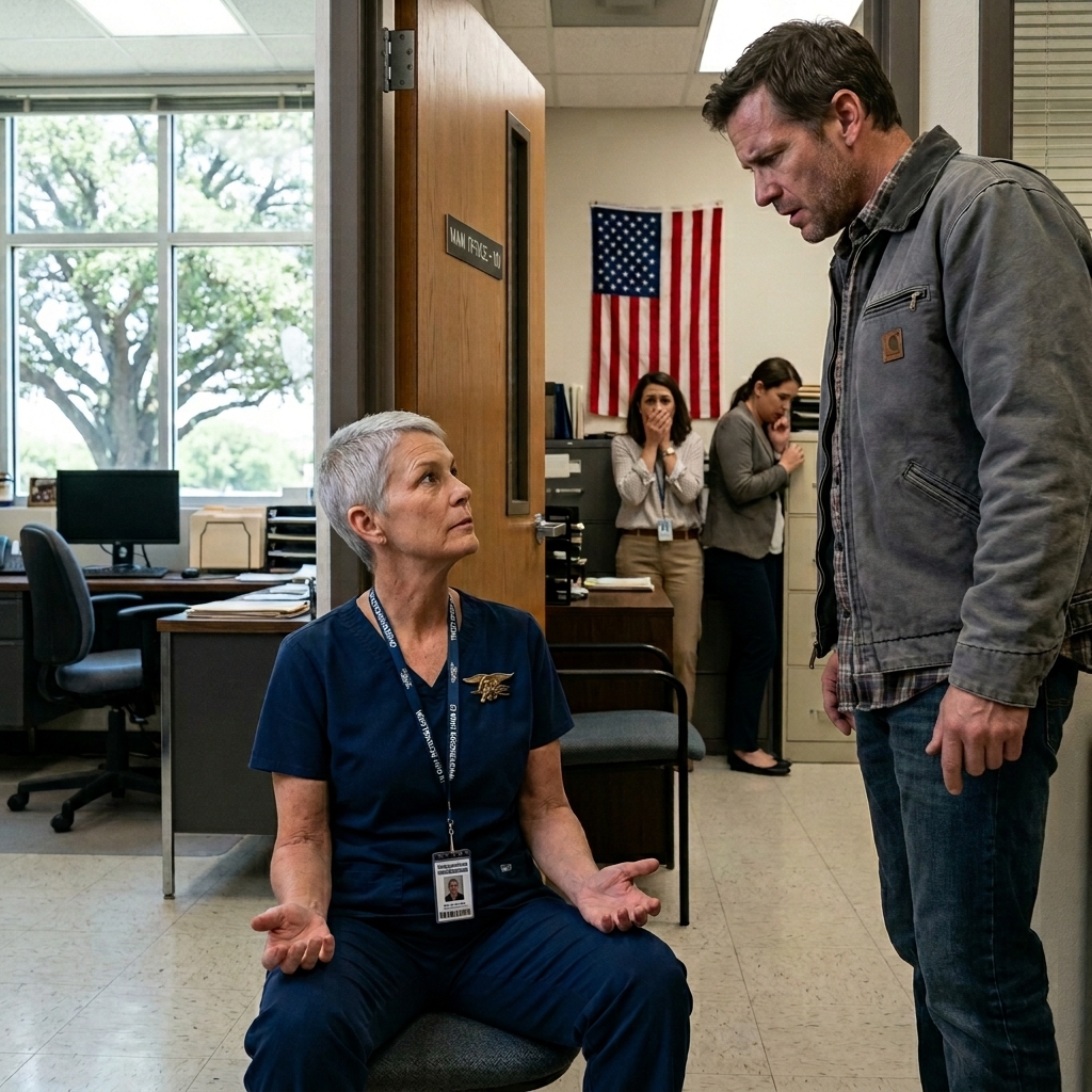 He grabbed the quietest school nurse as a hostage, thinking she’d be terrified. Then she said four words that froze the entire office. What did she know that he didn’t?