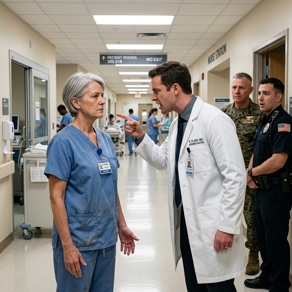 The arrogant hospital administrator mocked the gray-haired orderly in front of the military guards — he had no idea what was pinned under her collar — what happens next?