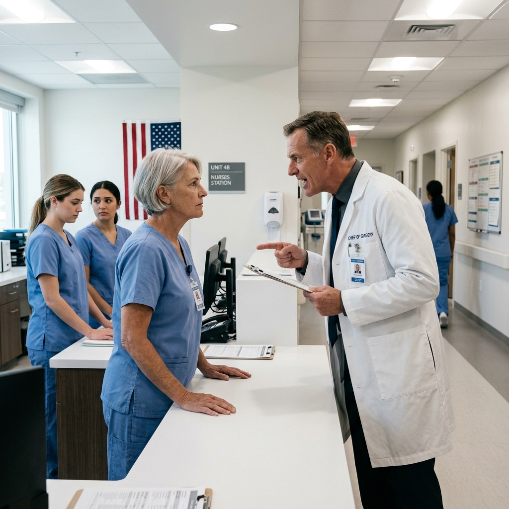 The arrogant Chief of Surgery humiliated the quiet gray haired nurse in front of the Tidewater hospital staff, completely unaware he just backed a decorated Fallujah combat medic into a corner she couldn’t ignore. What happens next?